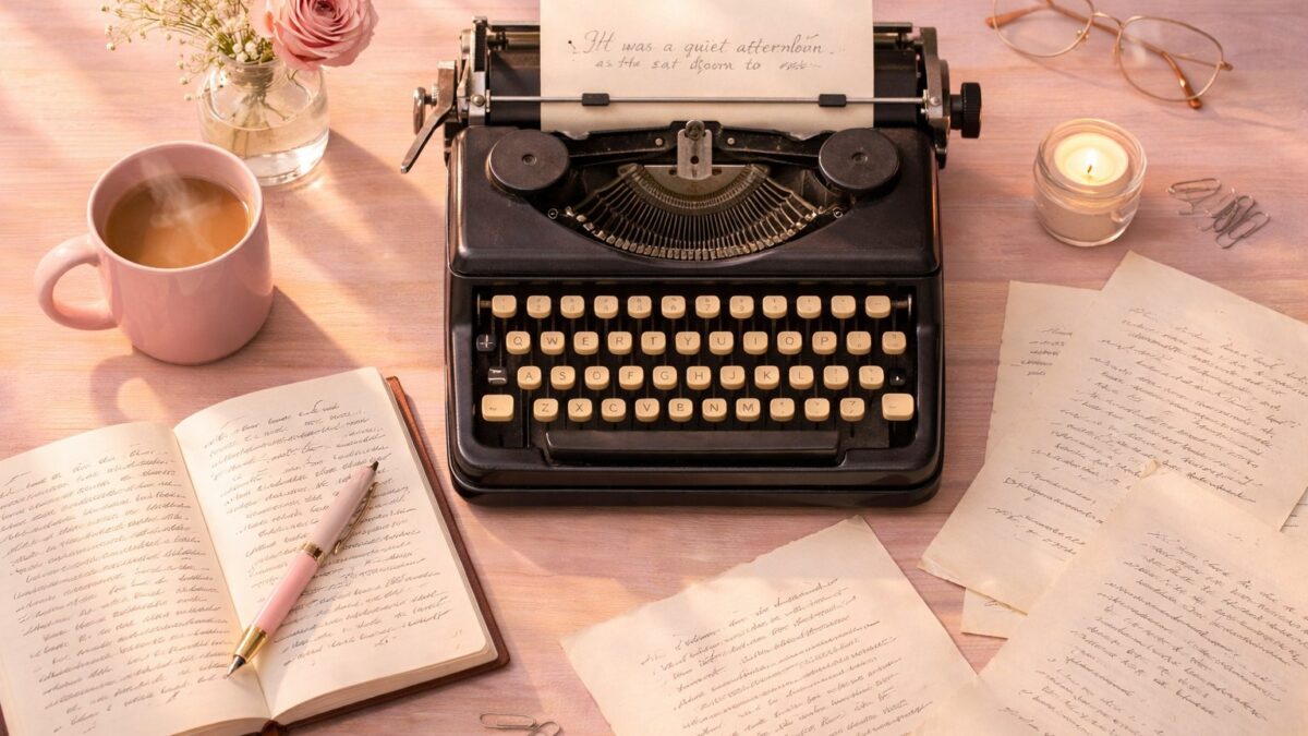 contemporary romance writer's desk with vintage typewriter and manuscript pages