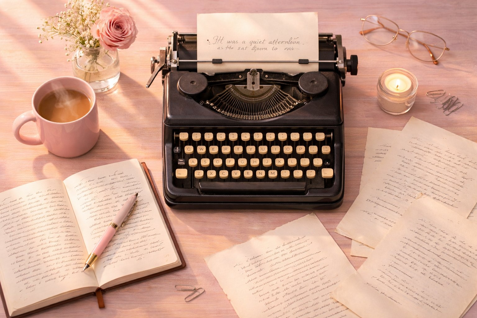contemporary romance writer's desk with vintage typewriter and manuscript pages
